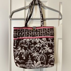 Vera Bradley Brown and White Toile print  Tote with Pink Trim